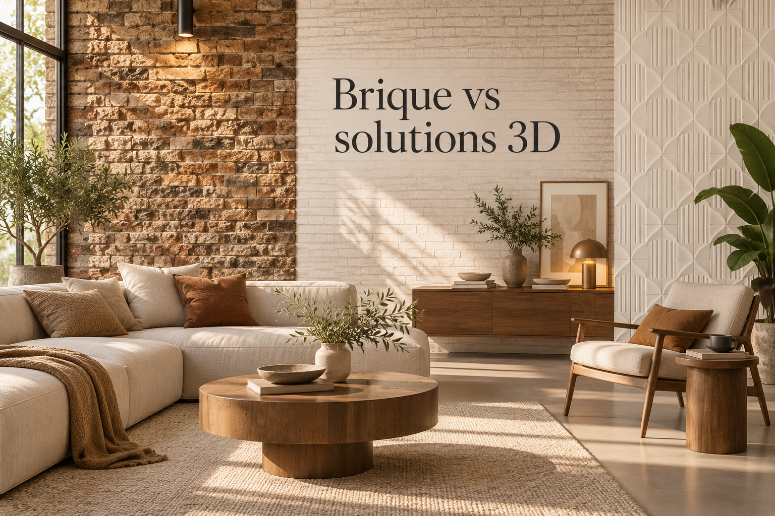 Plaquette de parement en brique MODULO comparée au papier peint 3D et au panneau décoratif en polystyrène
