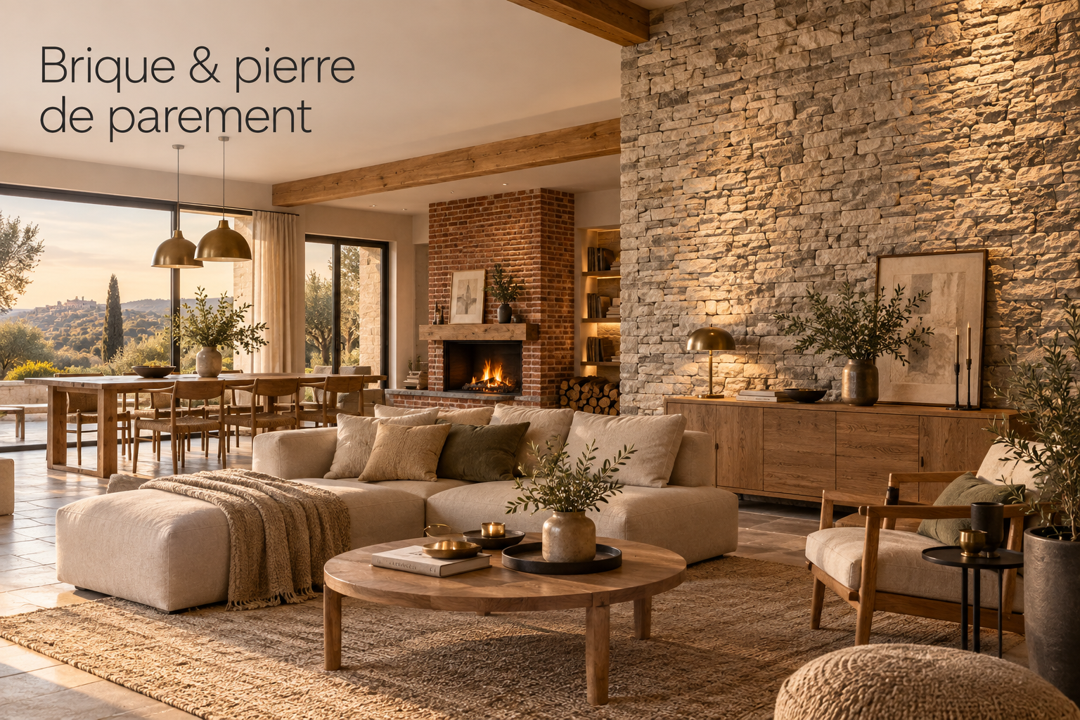 Brique et pierre de parement dans un intérieur chaleureux avec mur d’accent texturé