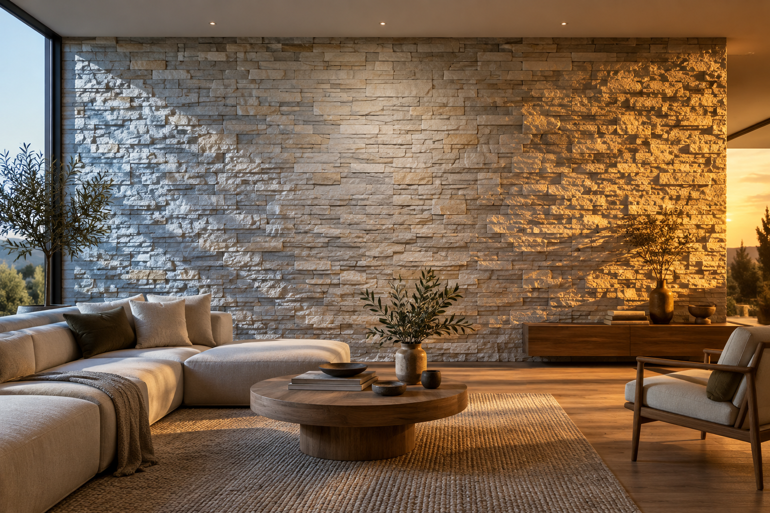 Mur en pierre décorative transformé par la lumière du matin, de midi et du soir